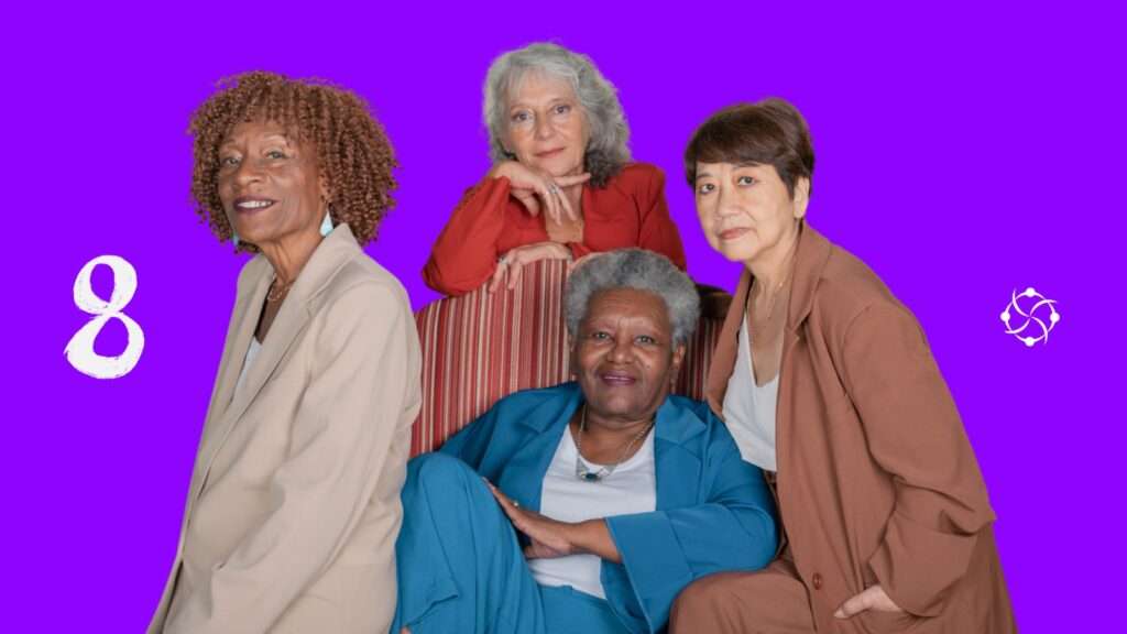 banner com imagem de 4 mulheres idosas diversas sobre o 8 de março