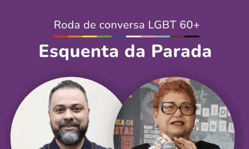 banner em roxo com duois rostos de um homem adulto de barba e uma mulher ruiva de cabelo curto e óculos anunciando esquenta da parada