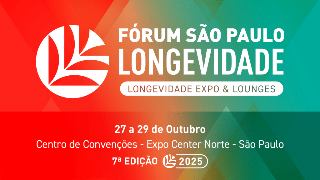 banner em verde e vermelho anunciando o Fórum São Paulo da Longevidade