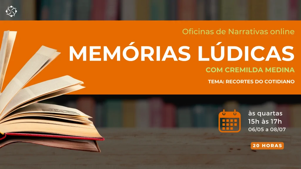 banner em fundo escuro com tarja laranja anunciando curso sobre memórias lúdicas