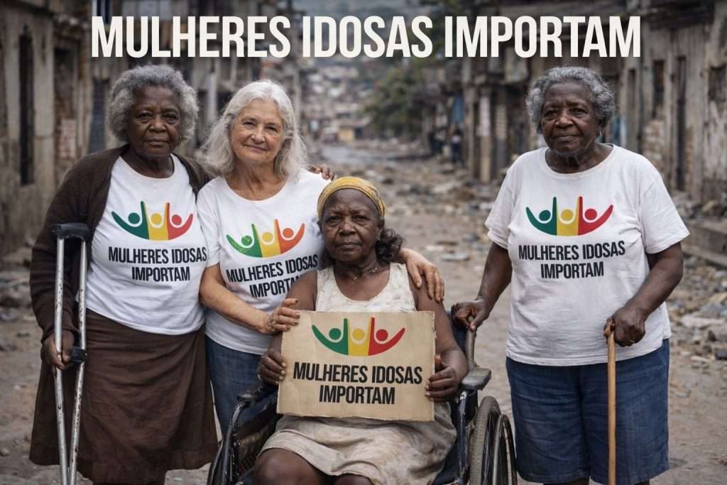 4 pessoas idosas, uma branca e três negras, vestem camisa branca escrita vidas idosas importam