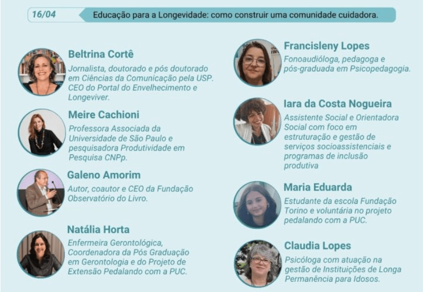 banner em fundo verde claro anunciando palestrantes de um evento de debate sobre educação para a longevidade