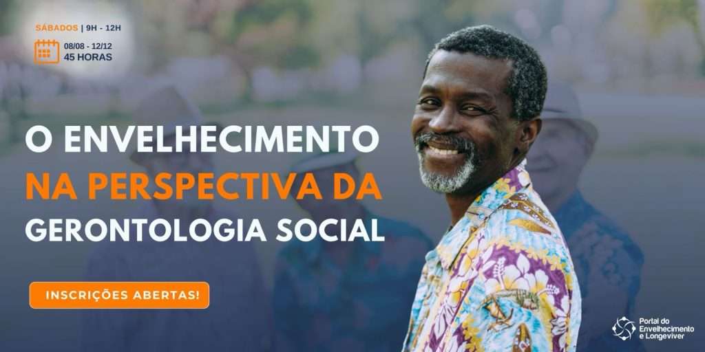 banner com fundo azul escuri com um home idoso negro anunciando o curso o envelhecimento na perspectiva da gerontologia social