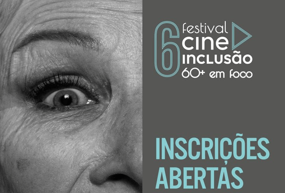 Banner contendo metade de um rosto feminino em preto e branco, anunciando cine festival e inscrições abertas