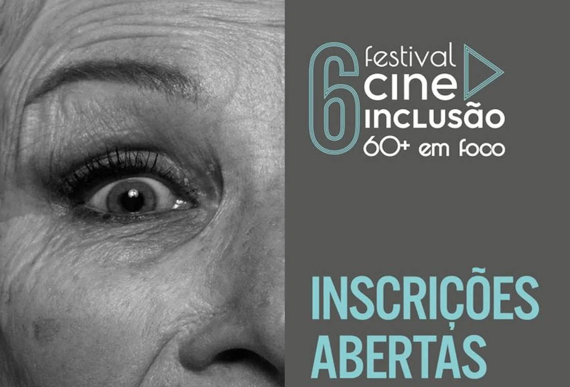 Banner contendo metade de um rosto feminino em preto e branco, anunciando cine festival e inscrições abertas