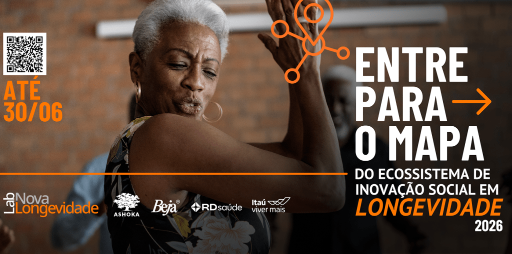 idosa, negra, de cabelo curto e branco, em pose de dança ilustra um banner com fundo marrom anunciando o 2 mapeamento da longevidade