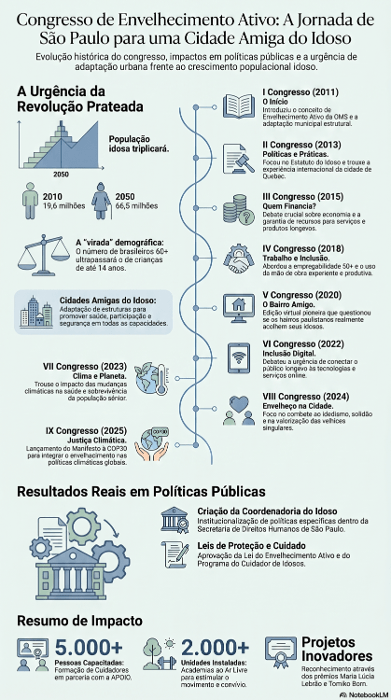 infográfico em fundo verde claro contando a história das edições do Congresse Municipal do Envelhecimento Ativo.